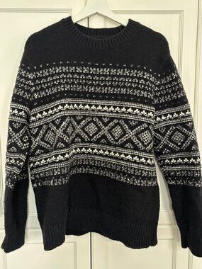 Club Monaco Wool Fair Isle Sweater | Black & Ivory Nordic Knit